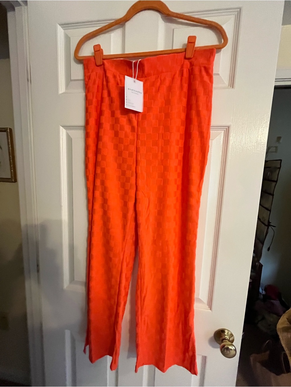 Orange Textured Elastic Waist pants by andthewhy